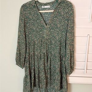 Zara Green and Pink Floral Mini Dress Long Sleeve XS